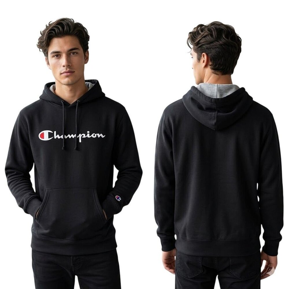 Champion Mens Hoodie Sweatshirt Small Black Embroidered Pullover Classic